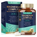 25-in-1 Magnesium Complex with Methylated B Complex Magnesium Glycinate Citrate Malate Taurate Gluconate Aspartate Carbonate D3 K2, Magnesium Supplement for Relaxation Energy & Nerve, 120 Vegan Caps