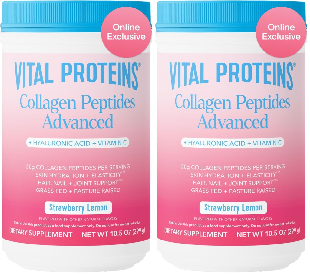 Vital Proteins Collagen Peptides Advanced, Hydrolyzed Peptides with Hyaluronic Acid and Vitamin C - Strawberry Lemon Flavor Powder, 10.5oz (Pack of 2)