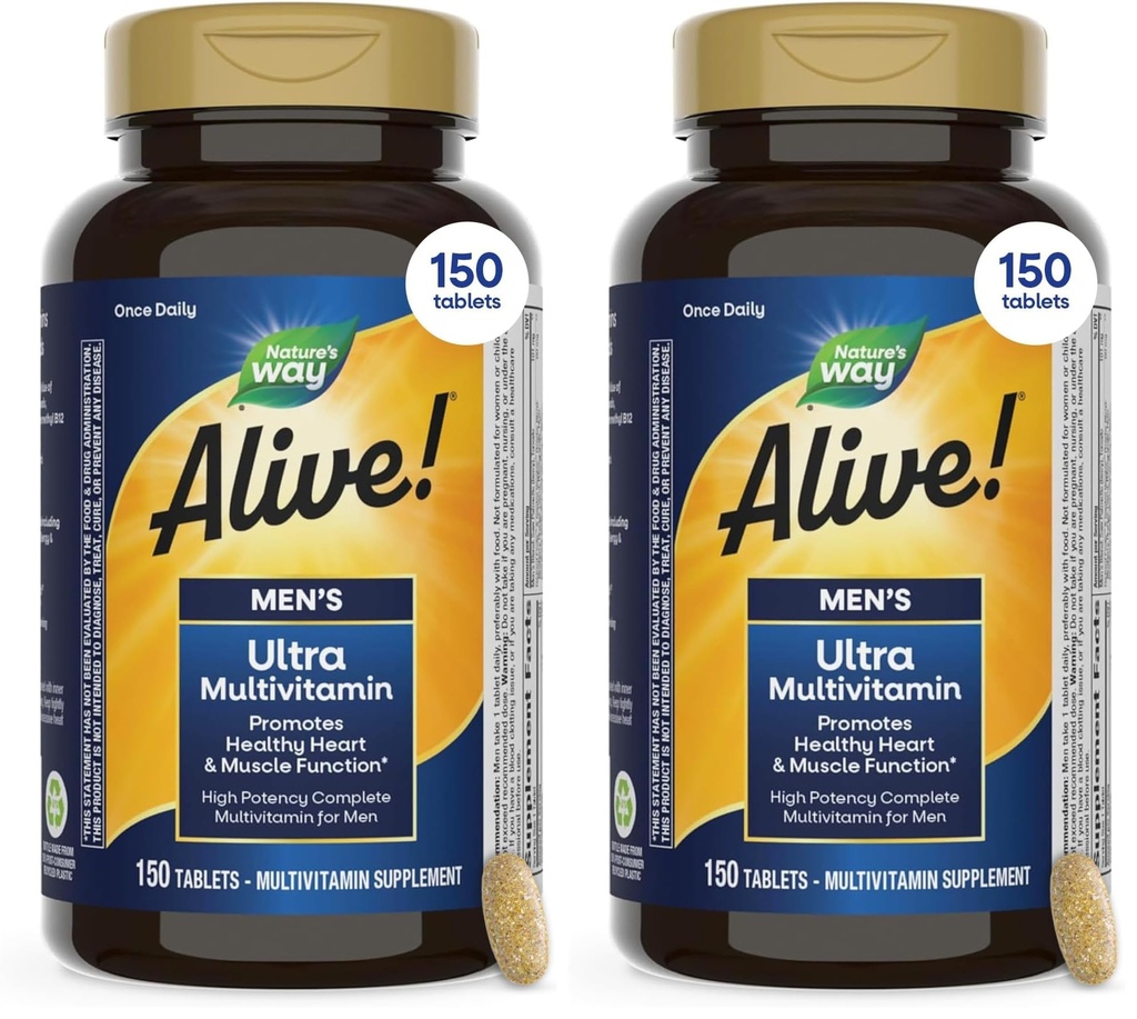 Nature's Way Alive! Men's Daily Ultra Multivitamin, High Potency Formula, Promotes Heart & Muscle Function*, with Methylated Vitamin B12, Gluten Free, 150 Tablets, (Pack of 2)