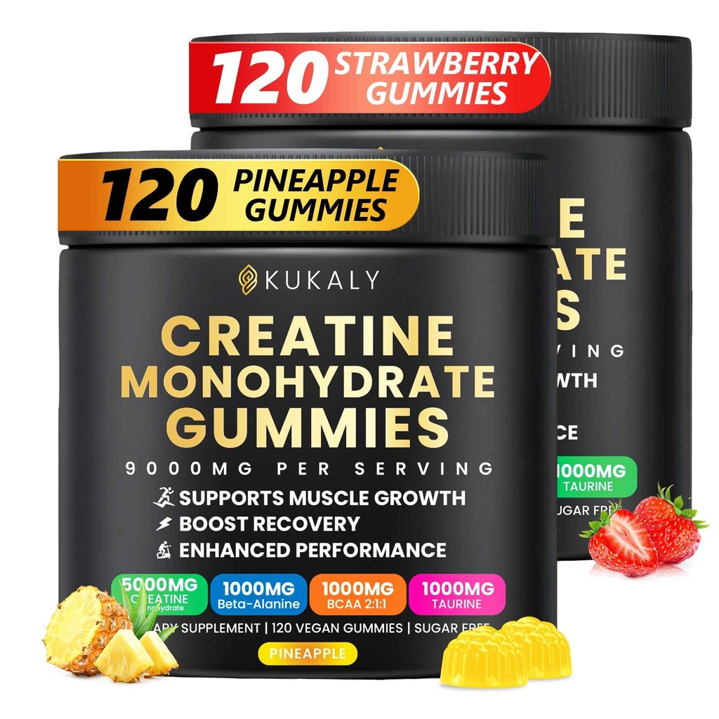 Creatine Monohydraat Gummies for Men & Women, 9000MG Creatine Gummies Sugar Free -BCAA 2:1, B12 B6 for Boost Strength, Focus & Endurance, Vegan, Non-GMO
