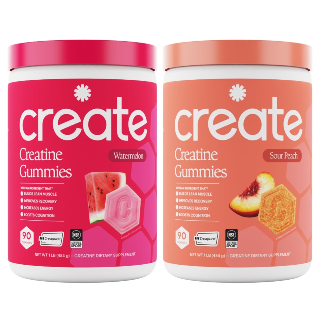 Create Create Createine Monohydrate Gummies - Beach Day Duo - Sour Peach & Watermeloen - Createine Gummies for Women & Men, NSF Certified, 3rd Party Tested, Anti-Melt Formula, 180 Count (2-Pack)