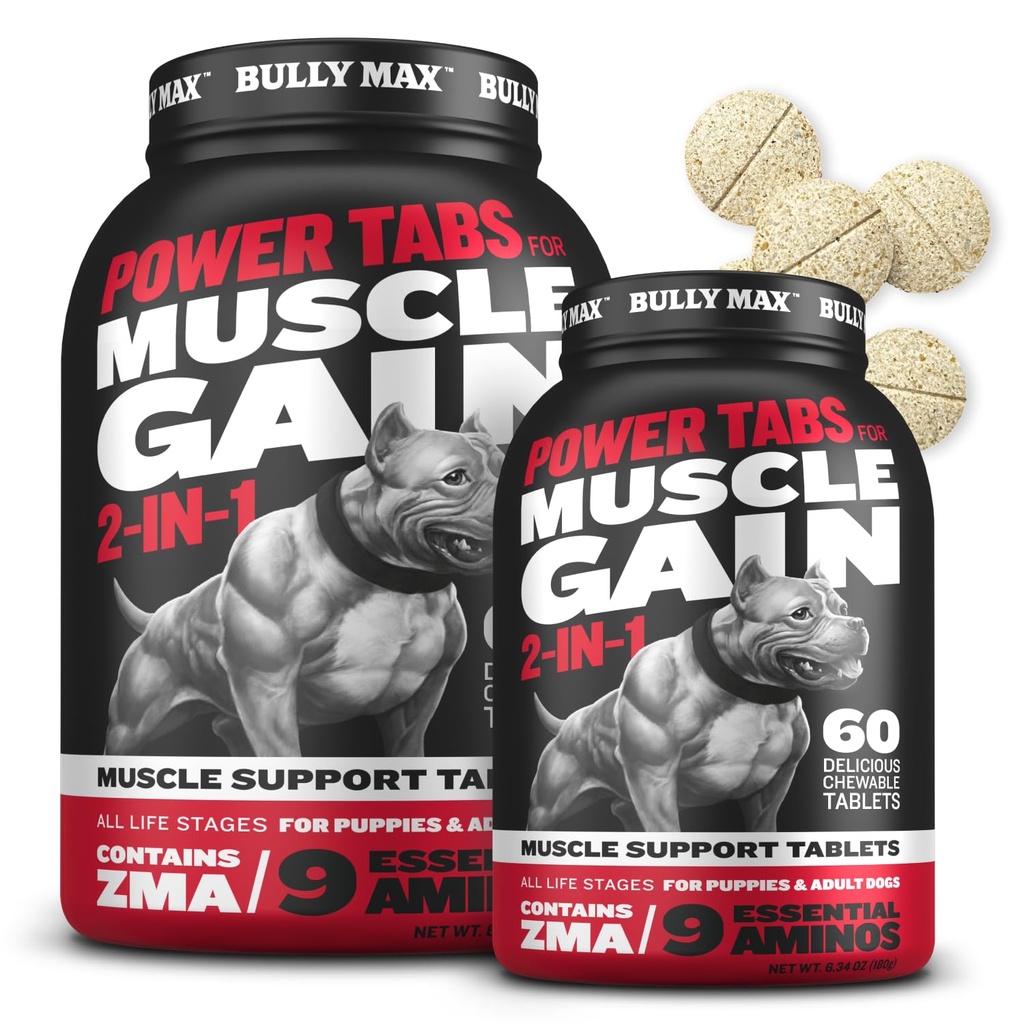 Bully Max 2-en-1 Muscle Builder Comprimés à croquer pour les chiots et les chiens adultes - Vitamines et suppléments pour les chiens pour le gain et la croissance musculaire - Multivitamines canines pour tous les races et les âges - 60 onglets (2 bouteilles)