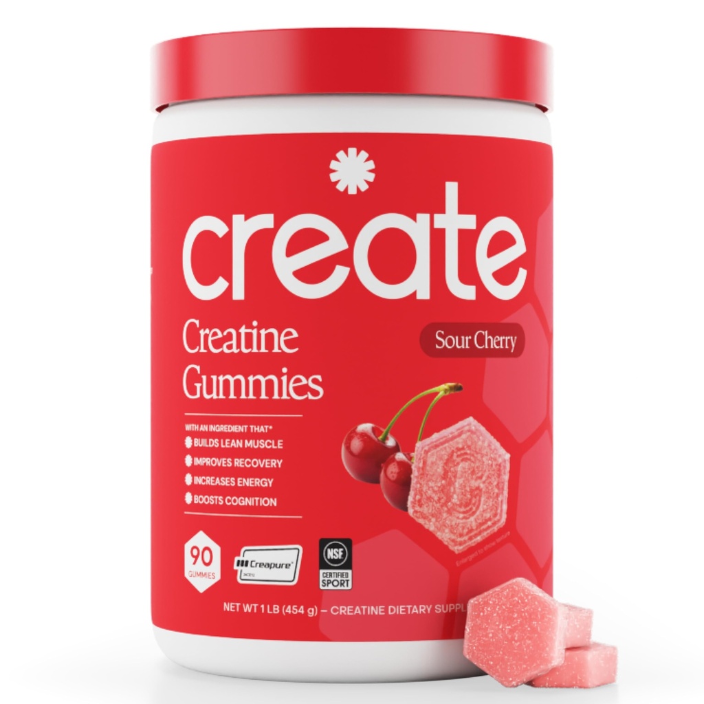 Create Creatine Monohydrate Gummies for Men & Women, Boost Focus, Strength, and Endurance, Anti-Melting Formula, Vegan, Gluten-Free, Non-GMO, 1.5g of Creatine per Gummy (Sour Cherry)