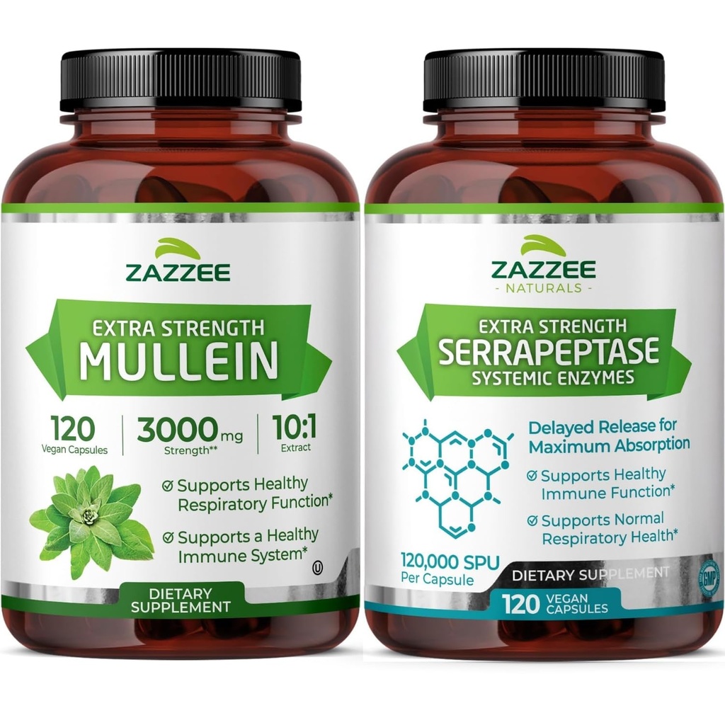 Zazzee Complete Respiratory Lung Health Support Bundle | 120,000 SPU Serrapeptase Proteolytic Enzyme Capsules Plus Super Concentrated Mullein Leaf Extract | Non-GMO Vegan & ISO Lab Tested