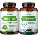Zazzee Complete Respiratory Lung Health Support Bundle | 120,000 SPU Serrapeptase Proteolytic Enzyme Capsules Plus Super Concentrated Mullein Leaf Extract | Non-GMO Vegan & ISO Lab Tested