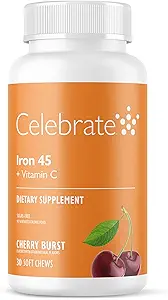 Célébrez le supplément de fer aux vitamines C - 45mg Fer, 60mg Vitamine C, Vitamines bariatriques pour les patients atteints de SDF, Chirurgie par voie verticale et gastrique - Raisin, 90 comprimés à croquer