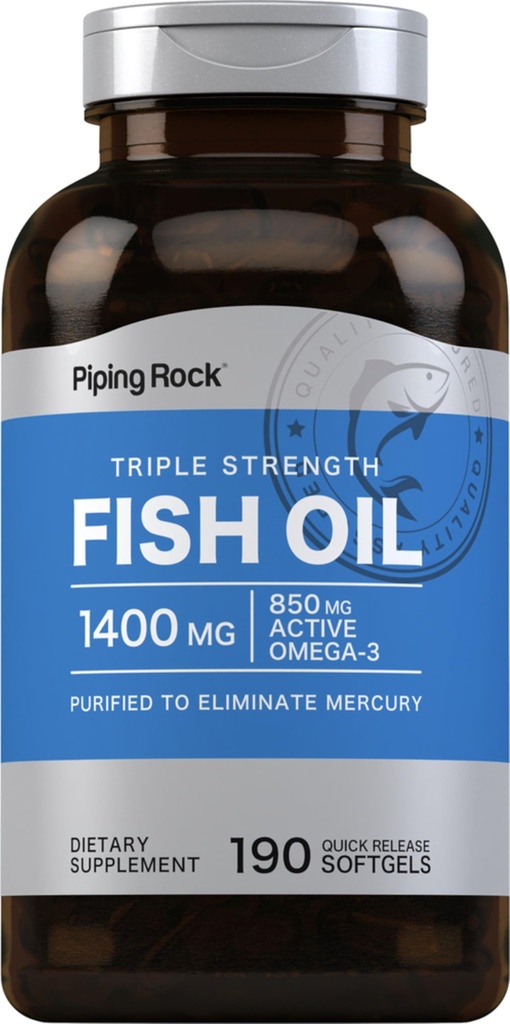Piping Rock Huile de poisson Omega 3 Supplément de 1400 mg de 190 Softgels pour les femmes et les hommes Triple Strength de l'EPA et DHA de non-OGM et sans gluten