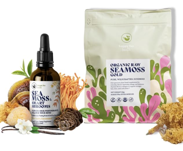 Brain & Body Raw Bundle - Organic Sea Moss Gold for Seamoss Gel & Smart Shrooms Liquid Drops in Vanilla Flavor - Irish Sea Moss & Mushroom Complex, Nootropic Brain Supplements for Memory & Focus