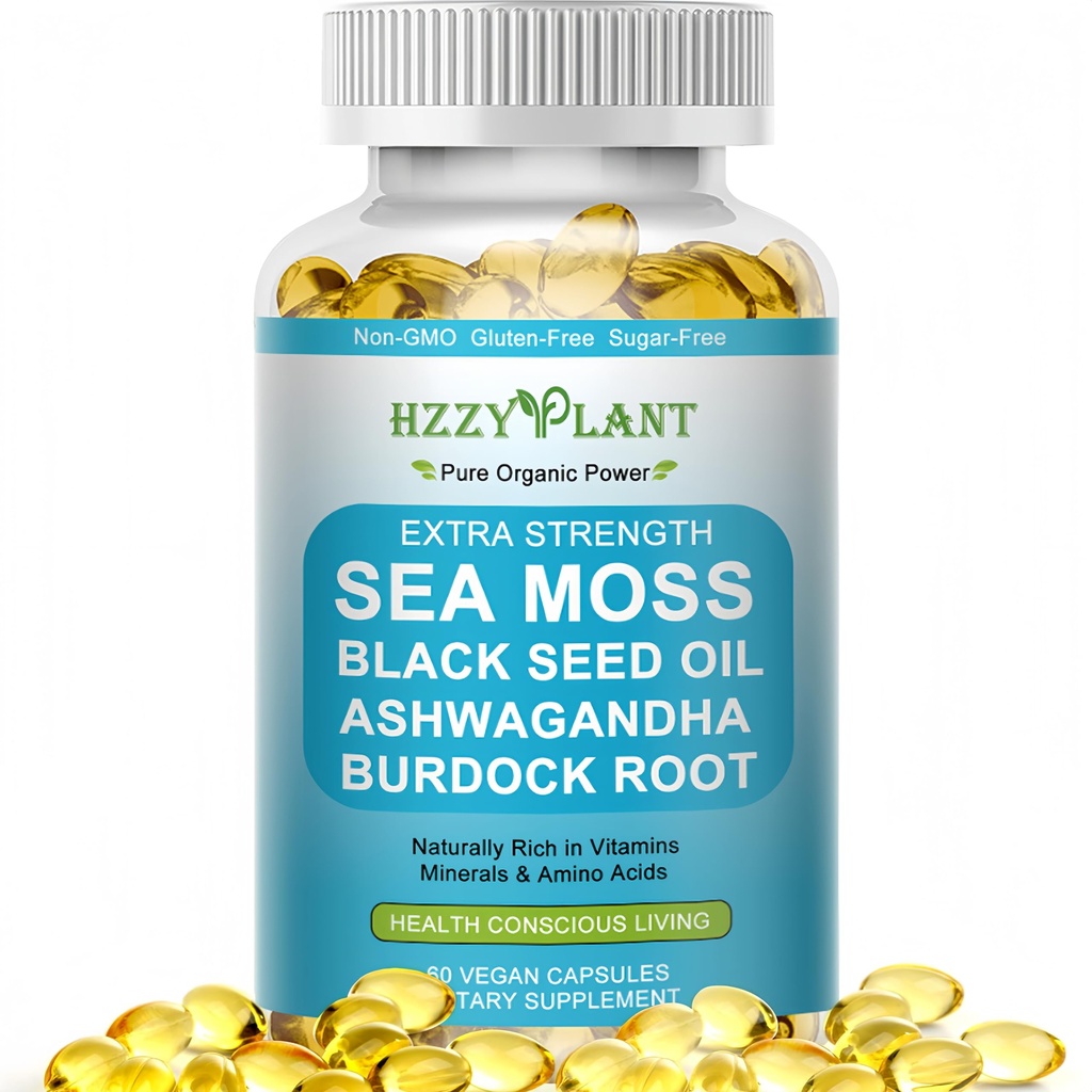 High Absorption Irish Sea Moss Advanced with Black Seed Oil Ashwagandha Turmeric Burdock Root,Sea Moss Superfood w/Raw Sea Mos for Immunity,Gut,&Energy,Non-GMO,60 Servings