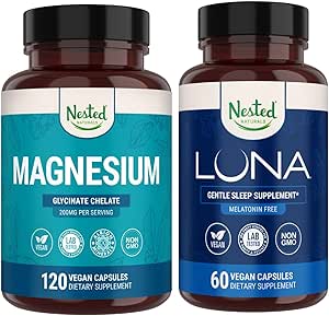 Nested Naturals Luna Melatonin-Free Sleep Aid & Magnésium Glycinat chélate pour améliorer le sommeil, la relaxation, et la récupération (180 capsules)