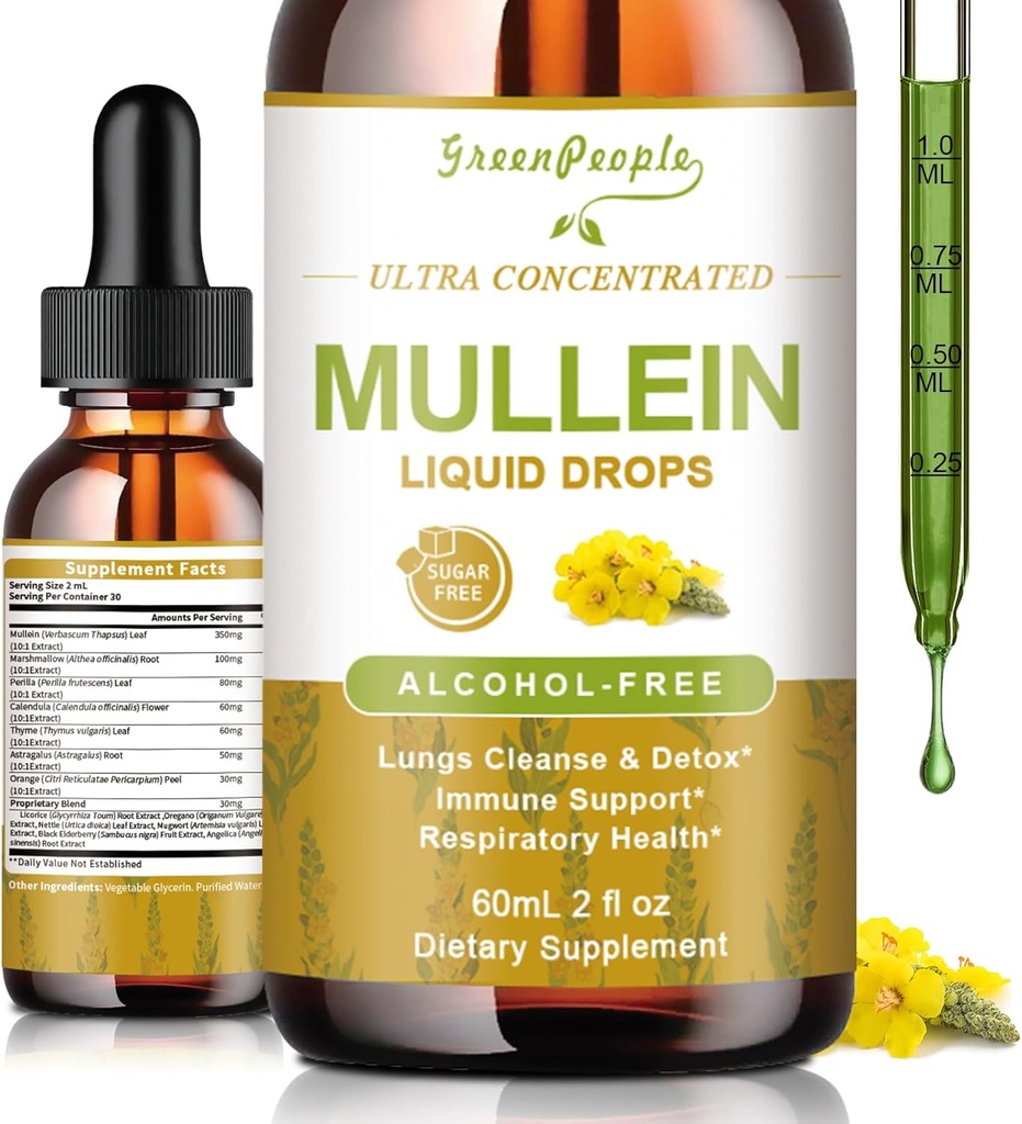 GREENPEOPLE gouttes de Mullein pour les poumons et le drainage lymphatique - 13-en-1 Mélange botanique avec racine Marshmallow, Elderberry, Oregano pour le soutien respiratoire - Détox pulmonaire pour les fumeurs - Sans alcool, 2 fl