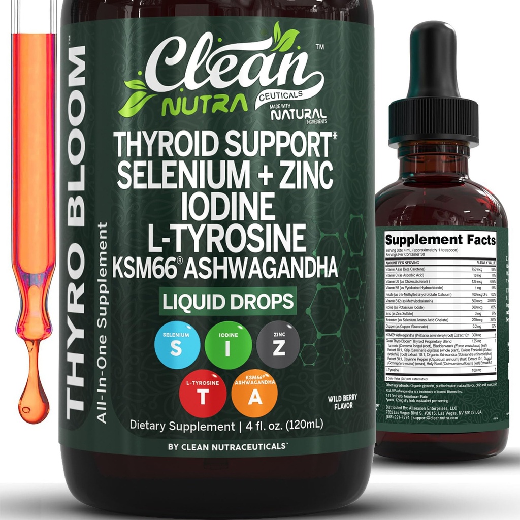 ThyroBloom Thyroid Ondersteuning voor vrouwen Liquid Drops Iodine L-Tyrosine Selenium Koper Ashwagandha Zink Kelp Bladderwrack Schisandra Guggul Turmeric Vitamine A D3 B12 Folate Supplement door Clean Nutra 4oz