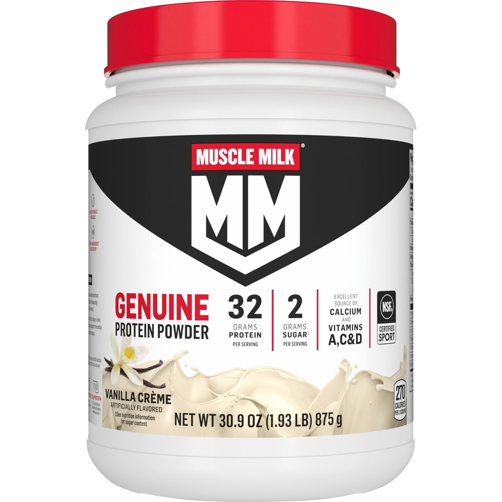 Muscle Milk Genuine Protein Powder, Vanilla Crème, 1,93 Ponden, 12 Servers, 32g Proteïne, 2g Suiker, Calcium, Vitaminen A, C & D, NSF Gecertificeerd voor Sport, Energizing Snack, Verpakking mei Vary