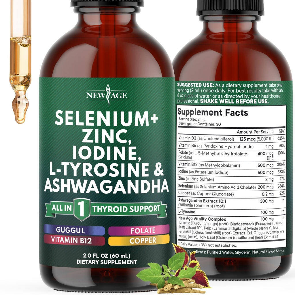Schildklierondersteuningsdruppels - Selenium, Zink, Jodium, L Tyrosine, Ashwagandha, Turmeric, Schisandra Guggu, Cayenne, Basil - Liquid Supplement Folate Koper Alcohol -Free, Vegan, Non-GMO 2 oz