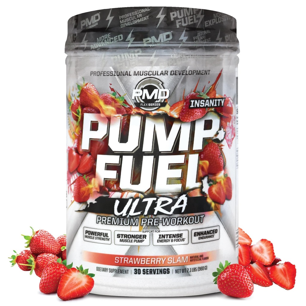 PMD Sports Pump Fuel Ultra Krankzinnigheid - Premium Pre-workout Poeder & Muscle Pump, Grotere Focus, Endurance & Recovery, Premium Creatine, Arginine & Beta Alanine - Aardbei Slam (30 Servers)