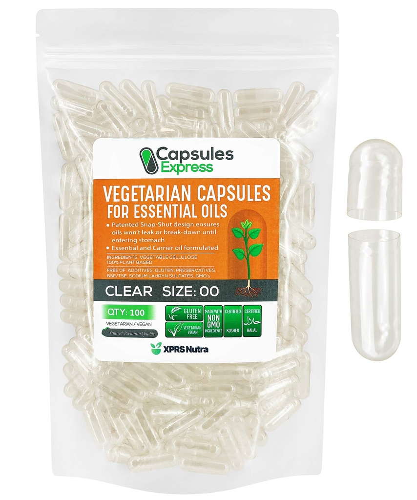 XPRS Nutra Size 00 Empty Vegan Capsules - 100 Count Clear Veggie Capsules for Essential Oils - Empty Vegetable Caps - DIY Filling Works with Most Oil