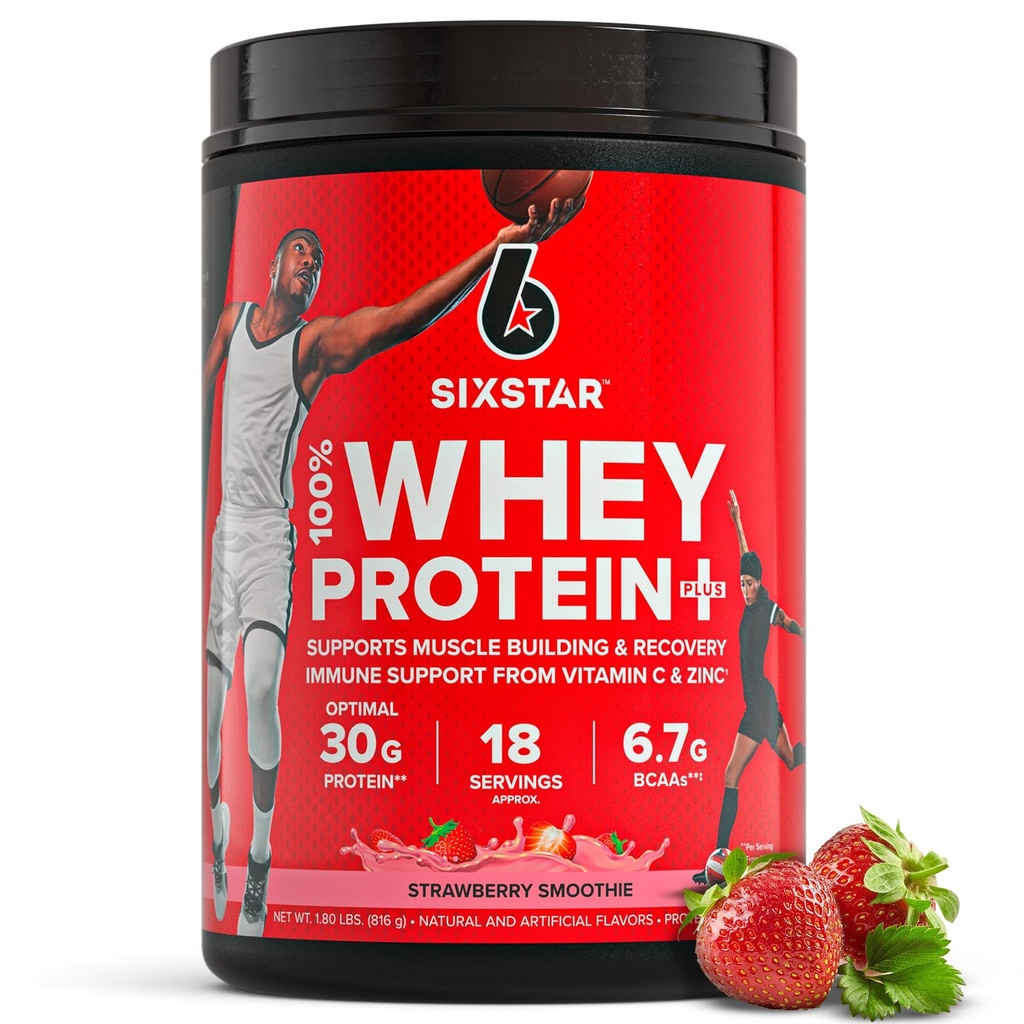 Six Star Whey Protein Powder Plus - Muscle Building & Recovery Formula with Whey Isolate Powder, BCAAs, 30g Protein, Immune Support - Post-Workout Supplement - Strawberry Smoothie, 1.8 lbs
