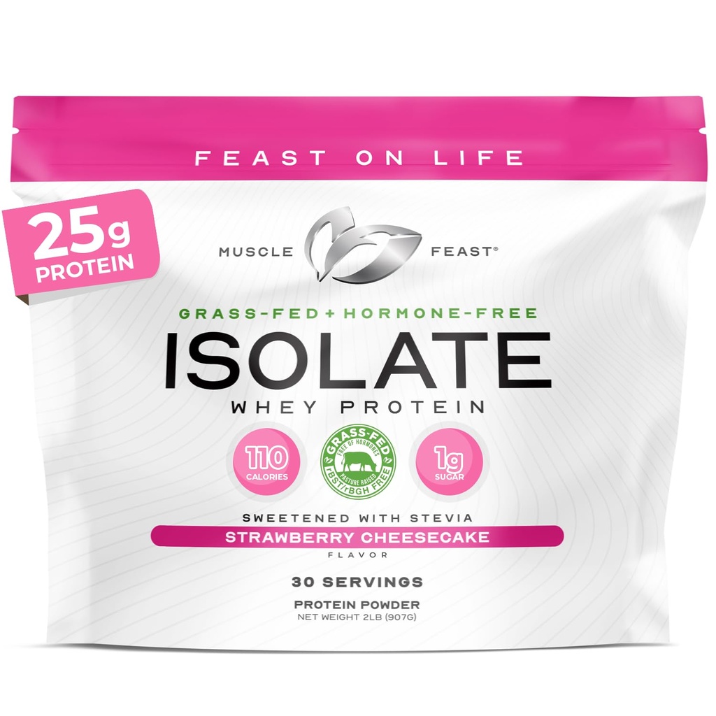 Muscle Feast Grass-Fed Whey Protein Isolate, All Natural Hormone Free Pasture Raised, Whey Isolate Protein Powder for Men and Women, Gluten-Free, Delicious Isolate Protein - Strawberry Cheesecake, 2lb