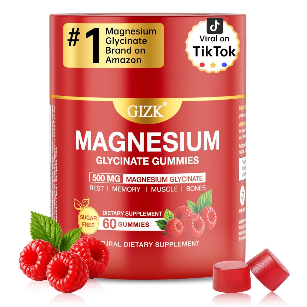Magnesium Glycinate Gummies 500mg – Sugar Free Magnesium Gummies for Sleep, Stress, Muscle & Nerve Support – for Adults & Kids 4+, Vegan, No Melatonin (Raspberry Flavor, 60 Count)