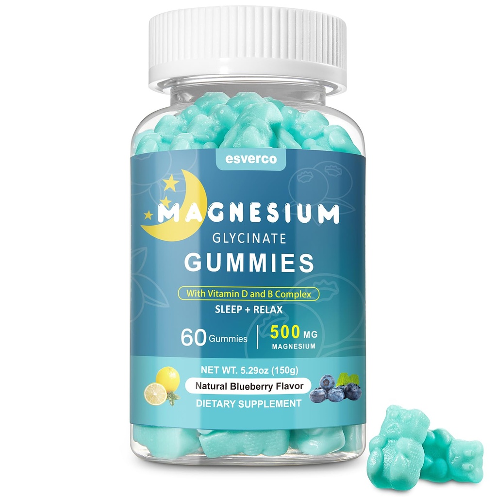 Magnesium Glycinate Gummies 500mg Sleep for Men & Women Vitamin C, Vegan Promotes Relaxation Muscle, Chewable Magnesium, No Melatonin, Non GMO, Natural Blueberry Flavor, 60 Count