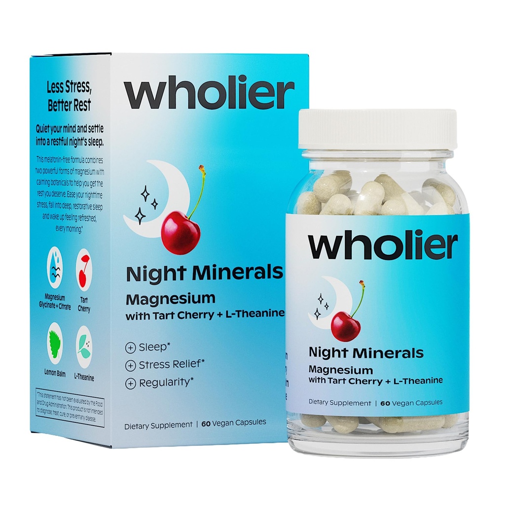 wholier Night Minerals, Magnesium Glycinate + Citrate with L Theanine, Tart Cherry & Lemon Balm, Melatonin Free Natural Sleep Support Supplement for Adults, Vegan, Gluten Free, Non GMO, 60 Capsules