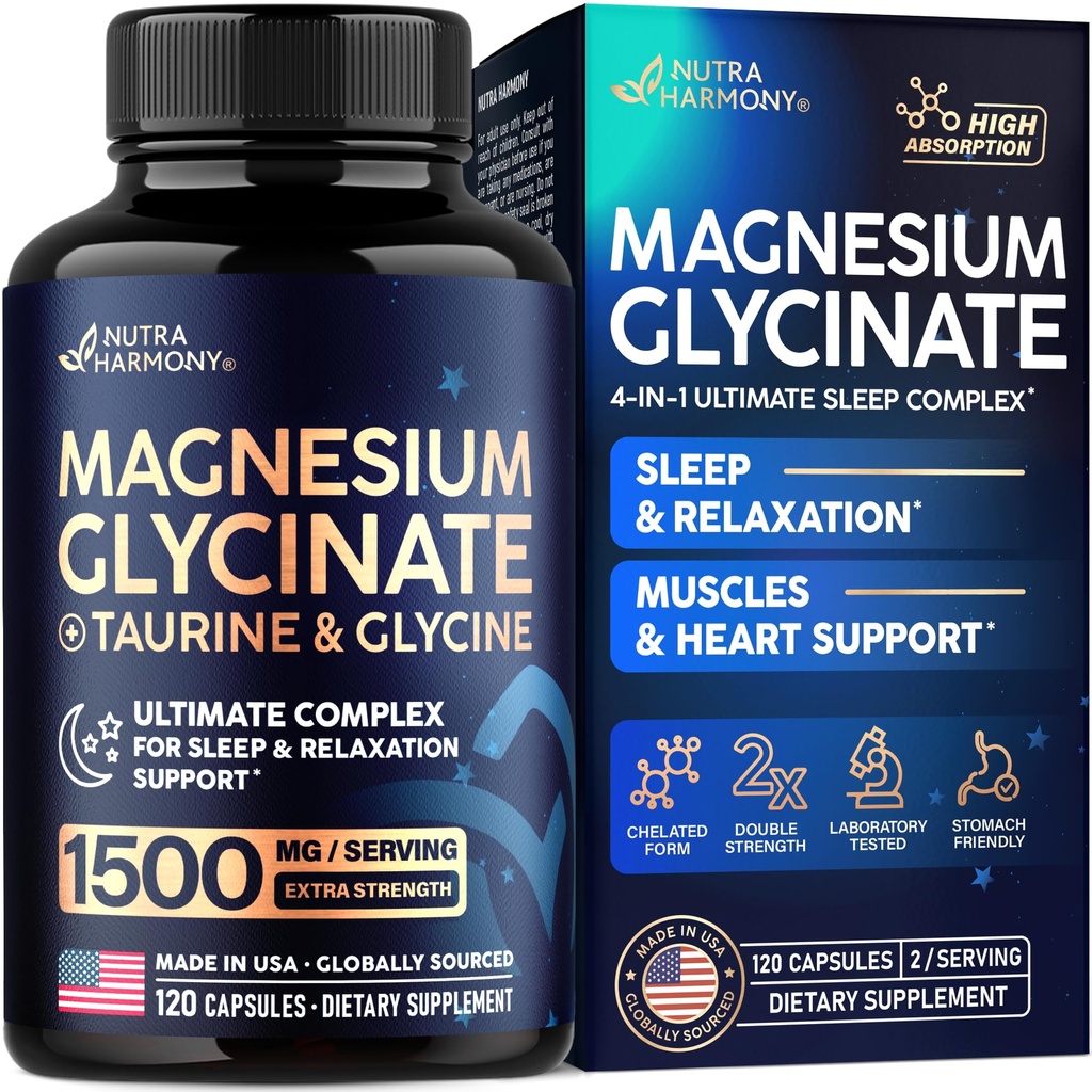 Magnesium Glycinate - Sleep & Relaxation Support - Extra Strength Glycinate, Glycine & Taurine 1500 mg - Magnesium Supplement for Women & Men - Chelated & High Absorption - Made in USA - 120 Capsules