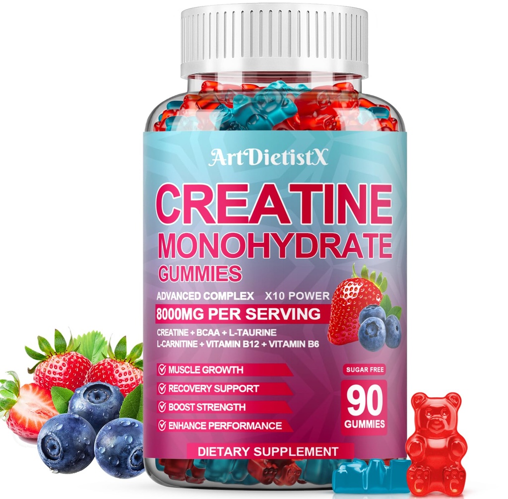 Creatine Monohydraat 8000mg Gummies met BCAA, L-Carnitine, Taurine & Vitamine B12 - Pre-workout supplement voor spiergroei, sterkte & energie, multi-smaak kauwgom, 90 telling voor mannen & vrouwen