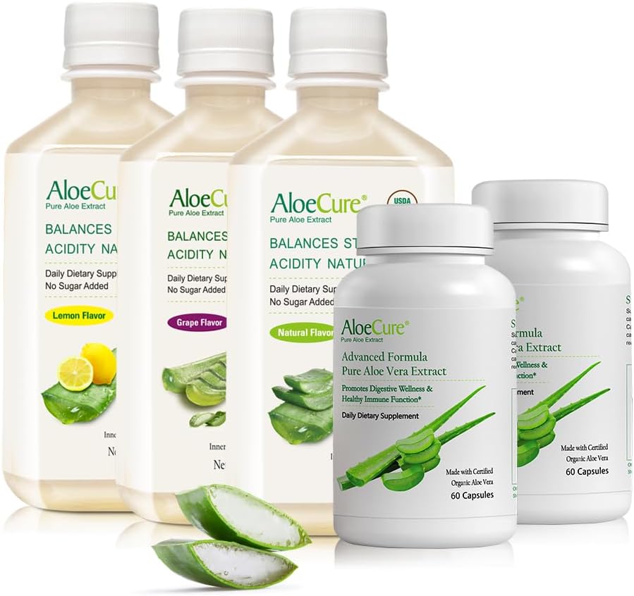 AloëCure Biologische Aloë Vera Digestie Set - 5 Pack - Grape, Natural, Citroen smaak sap, 2pcsxAloe Vera Capsules 60caps