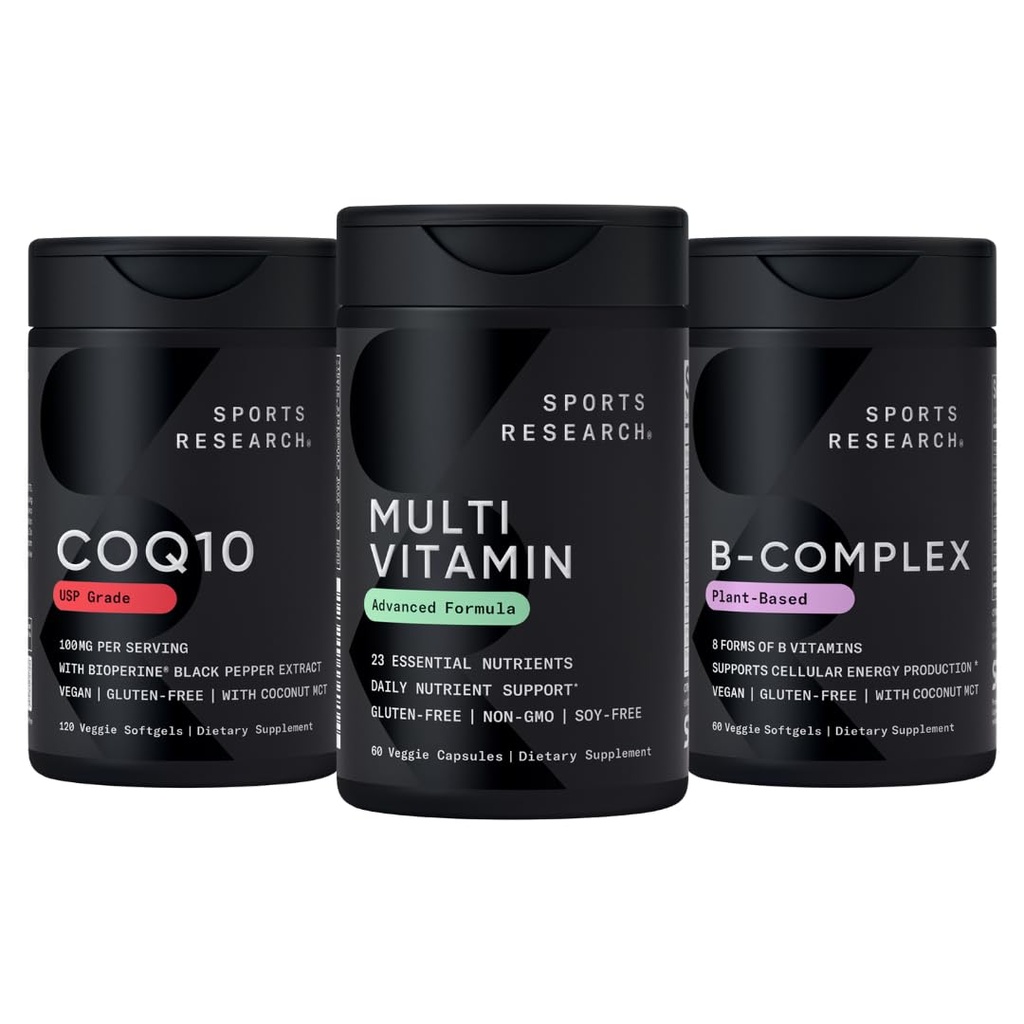 Sports Research® Energy Production Pack - Multivitamin Advanced Formula w/23 Essential Vitamins & Minerals + CoQ10 Enhanced Formula w/Coconut Oil & Bioperine + Vitamin B-Complex