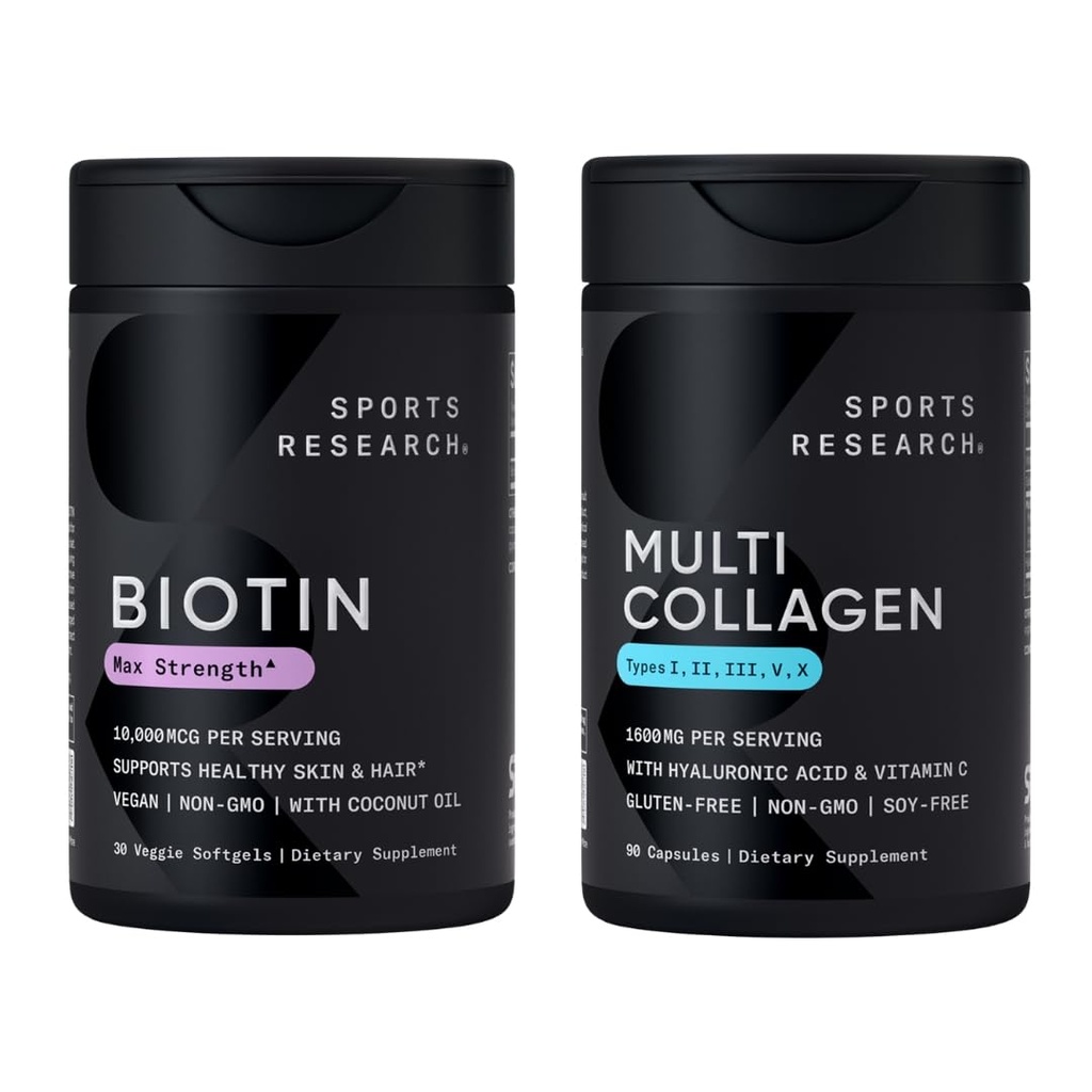 Sport Research® Healthy Hair Essentials - Biotin 10 000mcg à l'huile de coco biologique Vitamine B7 pour une peau et des cheveux sains + Pills multicollagènes Peptides à l'acide hyaluronique et vitamine C