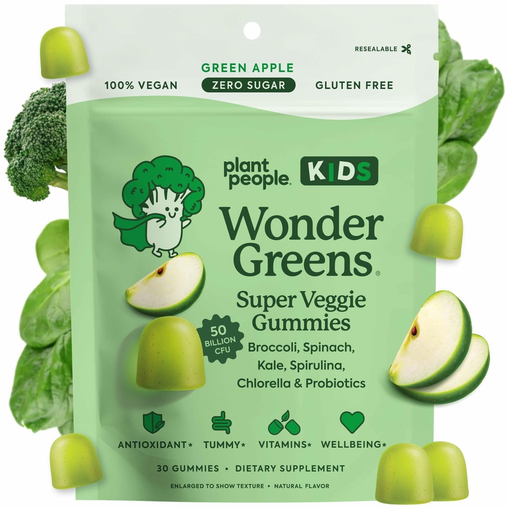 WonderGreens Kids Super Veggie Gummies – Sugar-Free, Allergen-Free Multivitamin for Picky Eaters with Probiotics – Tummy & Immune Support – Green Apple Flavor (30 Count)