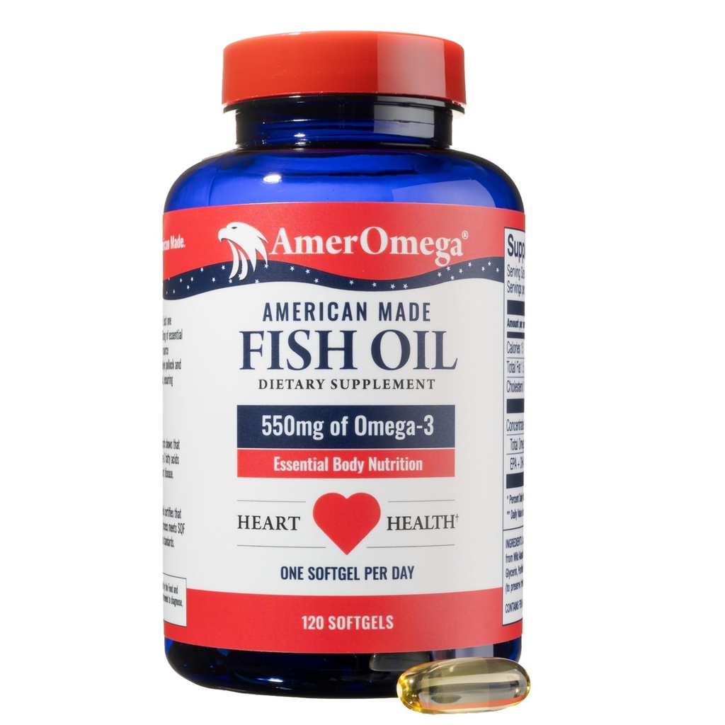 AmerOmega Triglycéride Omega-3 Huile de poisson pour la santé du coeur - Wild-Caught Alaskan Walleye Pollock - American-Sourced, American-Made - Non-OGM, sans gluten et sans lait - 120 Softgels