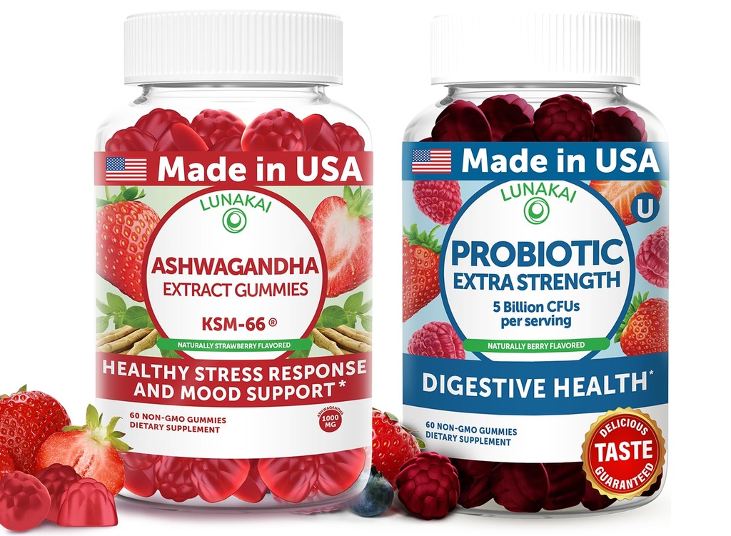 Lunakai USA Made Ashwagandha KSM-66 & Probiotic Gummies Bundle – Daily Mood & Digestive Support – 60 Non-GMO Gummies Each
