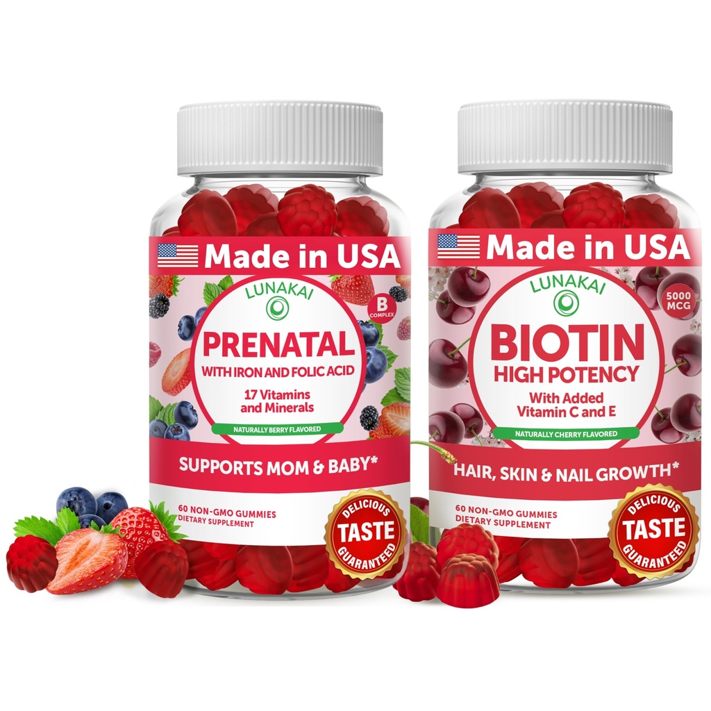 Bundle de Gommies prénatales et biotines Lunakai - Gommy multivitamine de grossesse avec acide fer et folique - Supplément de croissance de la peau des cheveux et des ongles avec vitamine C et E - 30 jours d'approvisionnement
