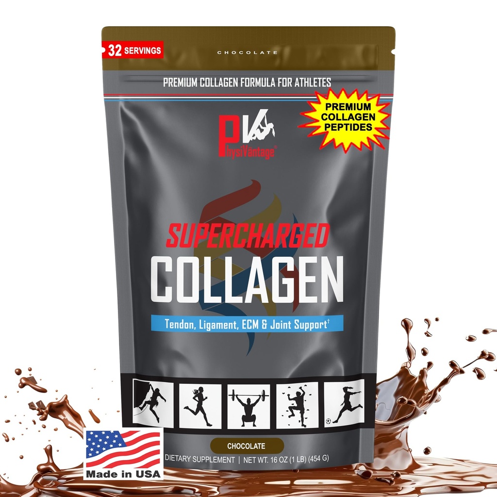 PhysiVantage Supercharged Collagen Peptides Powder - Gehydrolyseerde Collagen voor Joint, Tendon, Ligament, & Skin Health Support - Chocolade, Keto, Paleo, 16oz Verbeterd met vitamine C, BCAA's, Grass-Fed