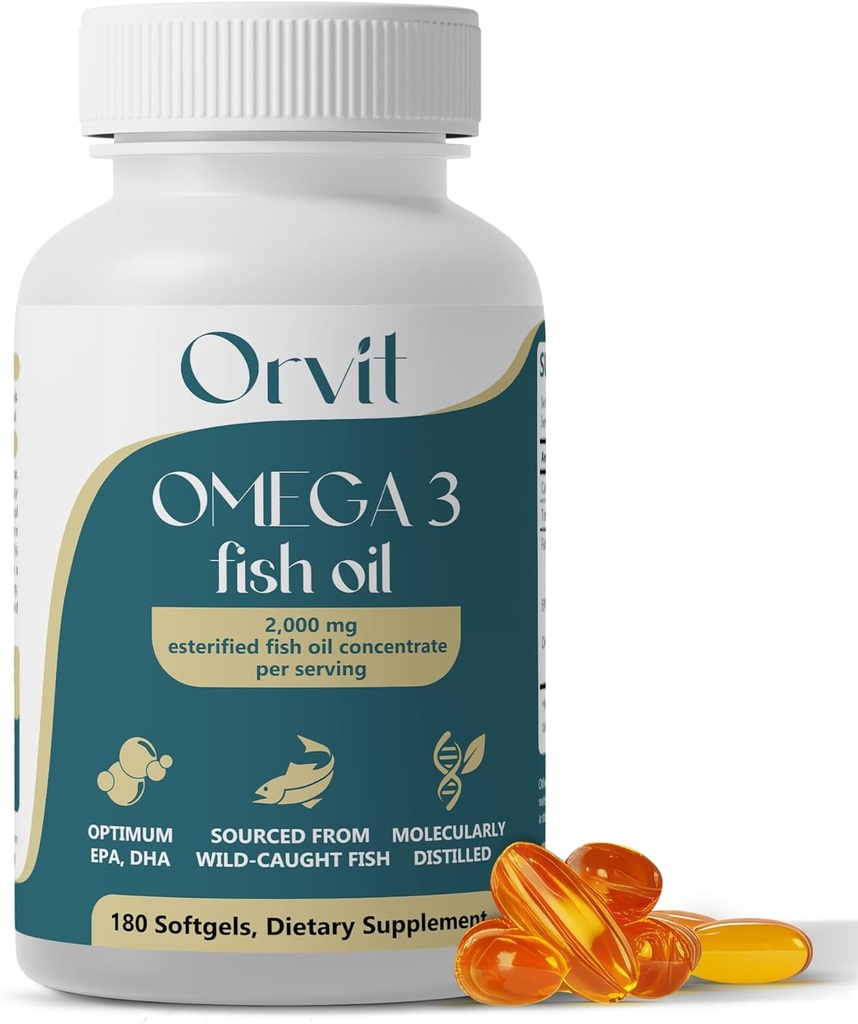ORVIT Omega 3 Fish Oil Softgel 2000 mg - Ultimate EPA DHA supplement voor mannen en vrouwen - Burpless - No Fishy Taste - Unflavored 180 Softgels - Organic, Non GMO - Made in The USA