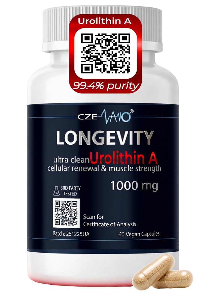 Urolithin A 1000 mg – 60 Vegan Capsules | 99%+ Pure Urolithin A Supplement | Third‑Party Tested | COA Available | Cellular Energy & Mitochondrial Support.