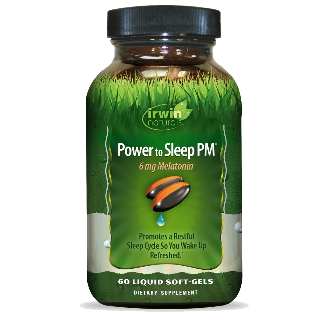 Irwin Naturals Power to Sleep PM - 6mg Melatonine, GABA, Ashwagandha, Valeriaan Root & L-Theanine Supplementen voor mannen en vrouwen - Ondersteunt rustgevende slaapcyclus & ontspanning - 60 vloeibare zachte-gel