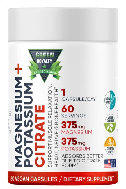 Magnesium citraat + Kalium 60 Premium Vegan Capsules(Citraat 375 mg) + (375 mg Kalium) Non-GMO, Glutenvrij - Hoge Absorptie Supplement Made in USA