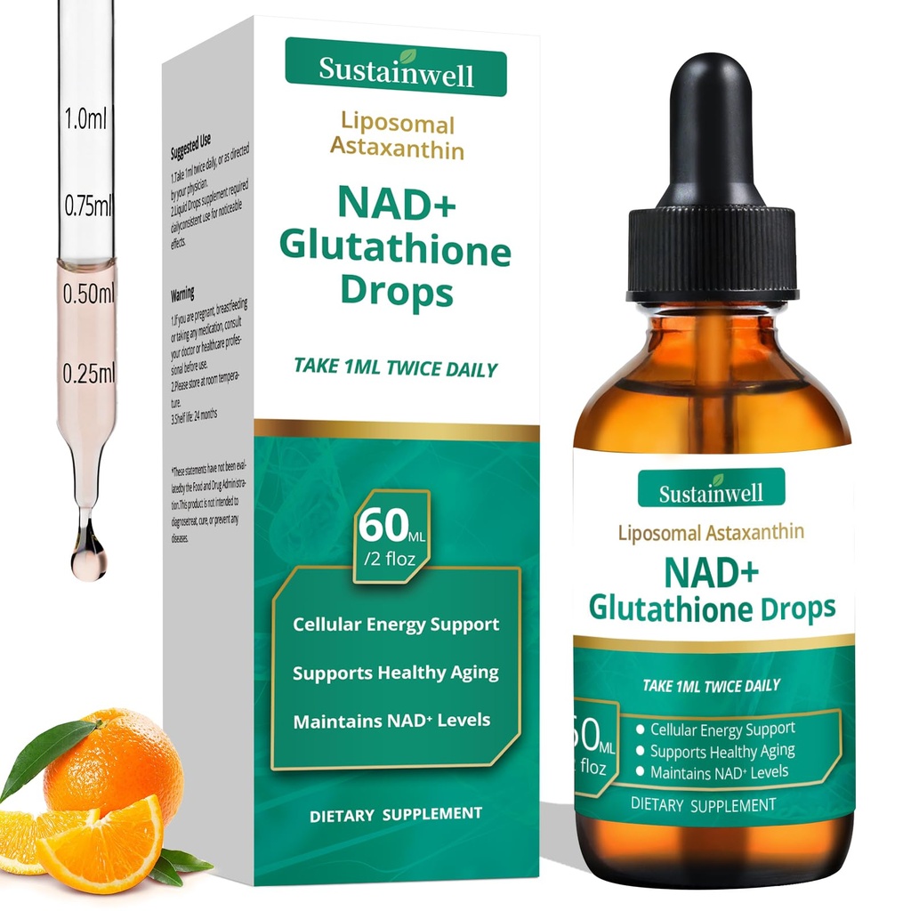 NAD+ Glutathione Liquid Drops with Liposomal Astaxanthin - Supports Cellular Energy, Dual Antioxidant Action, Healthy Aging - Fast Absorption, High Bioavailability, Vegan, 2.04 Fl Oz