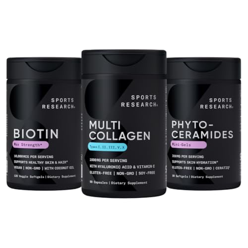 Recherche sportive Biotine végétalienne 10 000mcg à l'huile de coco, pilules multicollagènes (Type I, II, III, V, X) Peptides de collagène hydrolysés à l'acide hyaluronique + vitamine C et phytocéramides 350mg par softgel