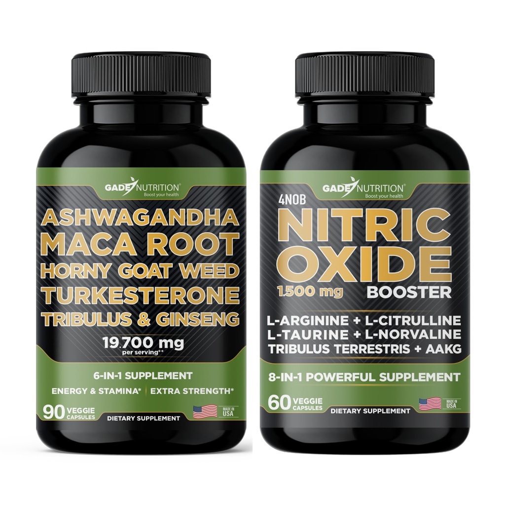 Gade Nutrition Ashwagandha met Maca Root, Horny Goat Weed, Turkesterone, Tribulus Terrestris, Panax Ginseng + Nitric oxide Booster - bundel voor energie, vitaliteit, prestaties, pomp