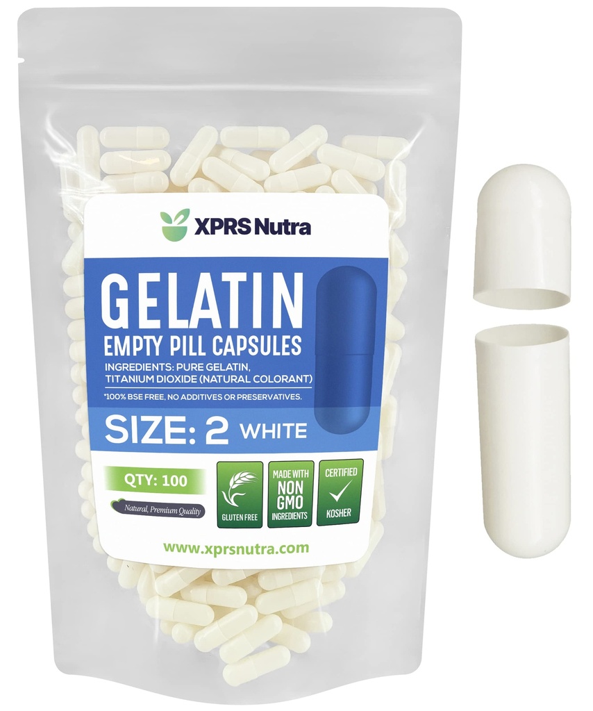 XPRS Nutra Size 2 Empty Capsules - 100 Count Empty Gelatin Capsules - Pills DIY Capsule Filling - Pure Bovine Pill Gel Caps for Do-It-Yourself Supplements (White)