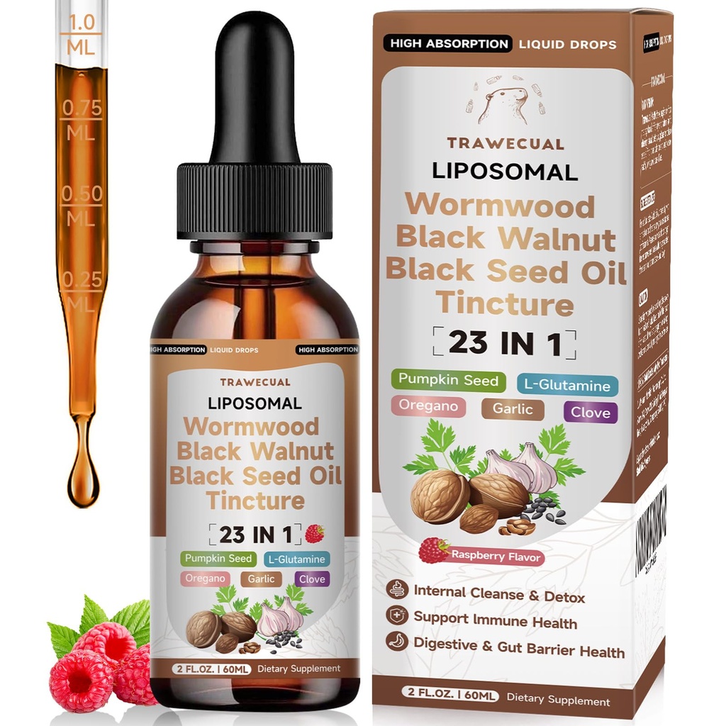 Black Walnut Wormwood Black Seed Oil Cleanse Tincture, 23-in-1 Gentle Gut Detox & Digestive Health Support with Clove, Pumpkin Seed, Oregano, Berberine - Liposomal, Raspberry Flavor, 2FL