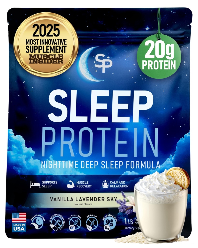 SleepProteinTM Nighttime Casein Recovery Shake – 20g Protéine à libération lente pour la réparation musculaire nocturne et le soutien du sommeil profond – sans mélatonine, facile à utiliser, avec Magnésium, GABA, Theanine et Tryptophane