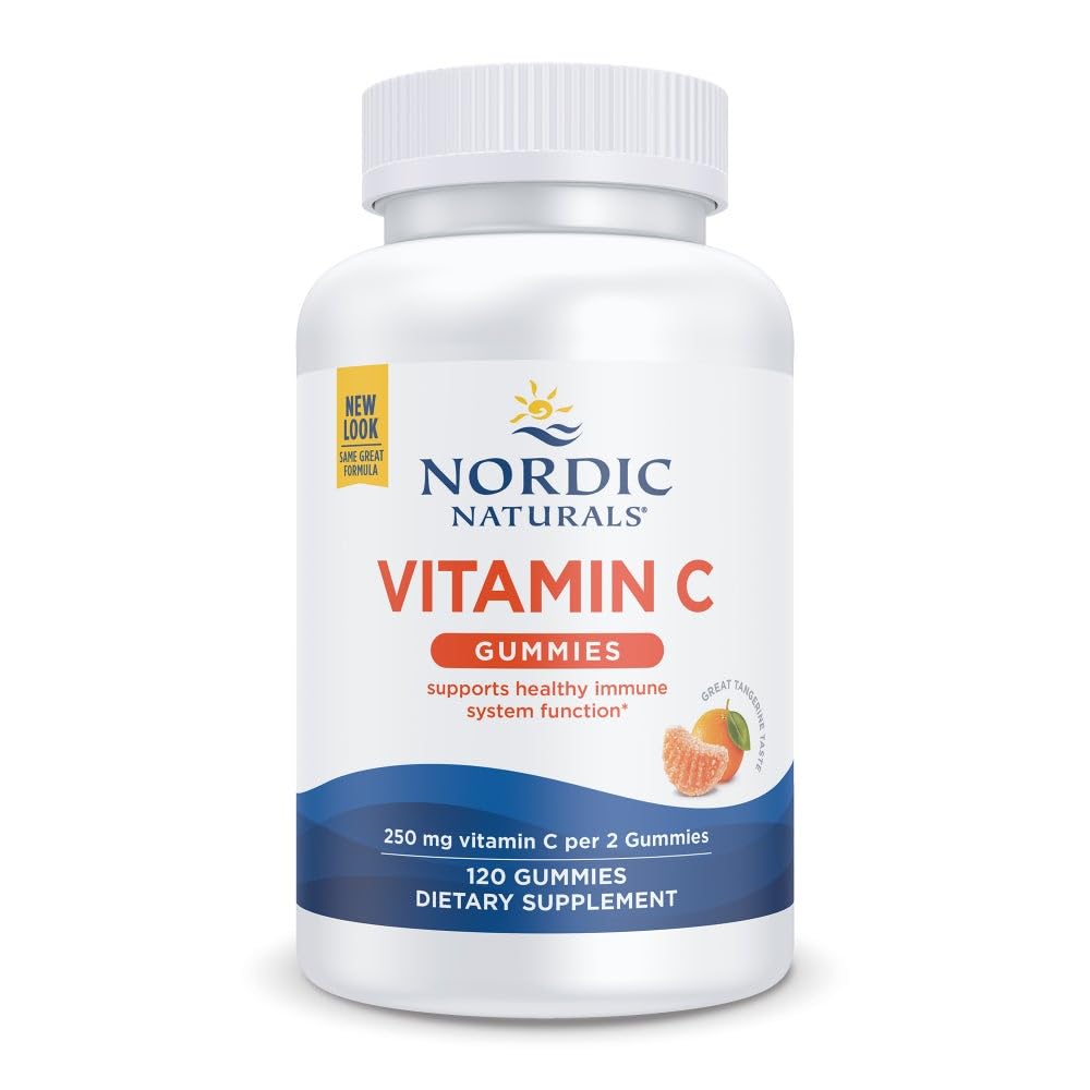 Nordic Naturals Vitamine C Gummies, Tart Tangerine - 120 Gummies - 250 mg Vitamine C - Soutien immunitaire, protection antioxydante, croissance et développement des enfants - non-OGM, végétalien - 60 portions