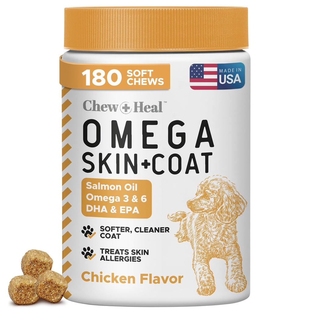 Zalmolie voor honden - 180 Zachte Kauw Omega Treats voor huid en jas - Visolie Blend van essentiële vetzuren, Omega 3 en 6, Vitaminen, Antioxidanten en Mineralen - Made in USA