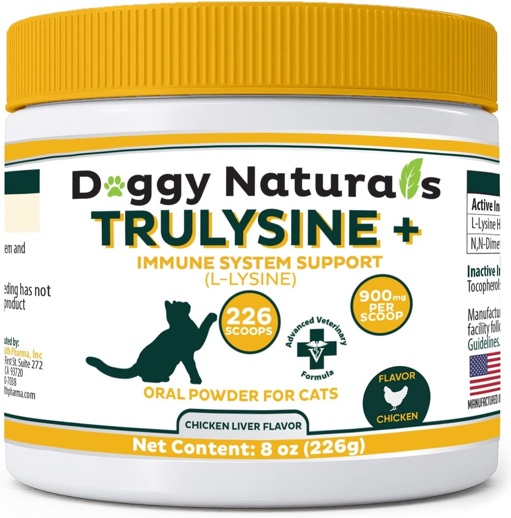 Trulysine Plus L-Lysine voor katten Immune Support Oral Powder 8oz/226g - Cats & Kittens of All Age, Sneezing, Runny Nose Squinting, Watery Eyes Chicken Liver Flavor (U.S.A)(226 Gram (900mg / Scoop))