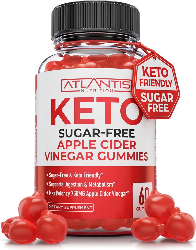 Atlantis Nutrition Sugar-Free Keto ACV Gummies for Weight Loss - Apple Cider Vinegar Gummies samengesteld met 750MG ACV per portie - Ondersteunt spijsvertering, gewichtsverlies, ontgifting en reiniging - 60 Tel.
