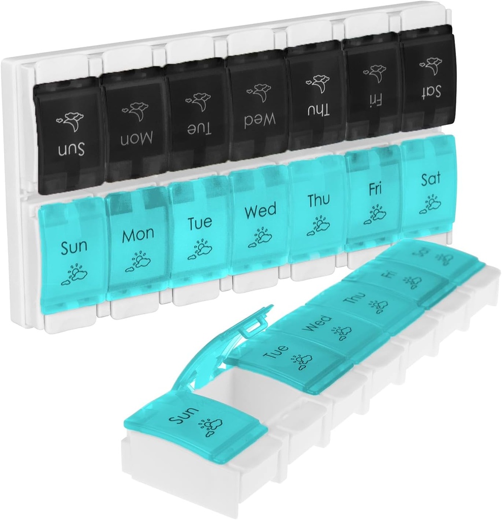 Vive Pill Organizer 2 keer per dag - Weekly Large Am Pm Pill Box 7 Dag - Dag en Nacht Medicatie Dispenser voor Vitamine, Supplementen, Visolie - Travel Pill Case Artritis Vriendelijk met drukknop